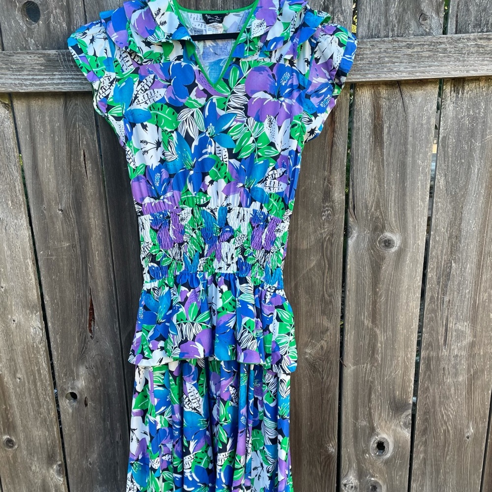 80s Vintage Diane Freis Green Tropical Dress